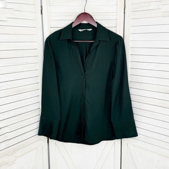 Zara V Neck Button Front Shirt Blouse Dark Green Small Long Sleeve - Picture 7 of 11